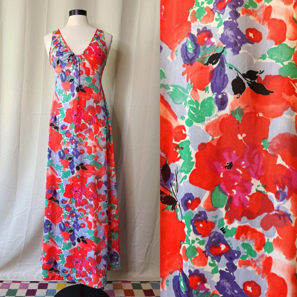 VTG 1960s Shadowline Floral Maxi Ruched Slip Dress